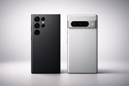 Editorial image showing a Samsung Galaxy smartphone and a Pixel device side by side on a neutral background, shallow depth of field, no logos emphasized, no text overlay.